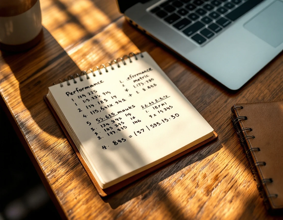 Notebook with handwritten metrics beside laptop keyboard on wooden desk with warm office lighting