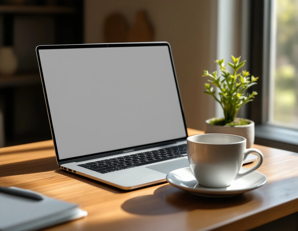 Minimalist laptop workspace with coffee and plant on wooden desk bathed in natural window light
