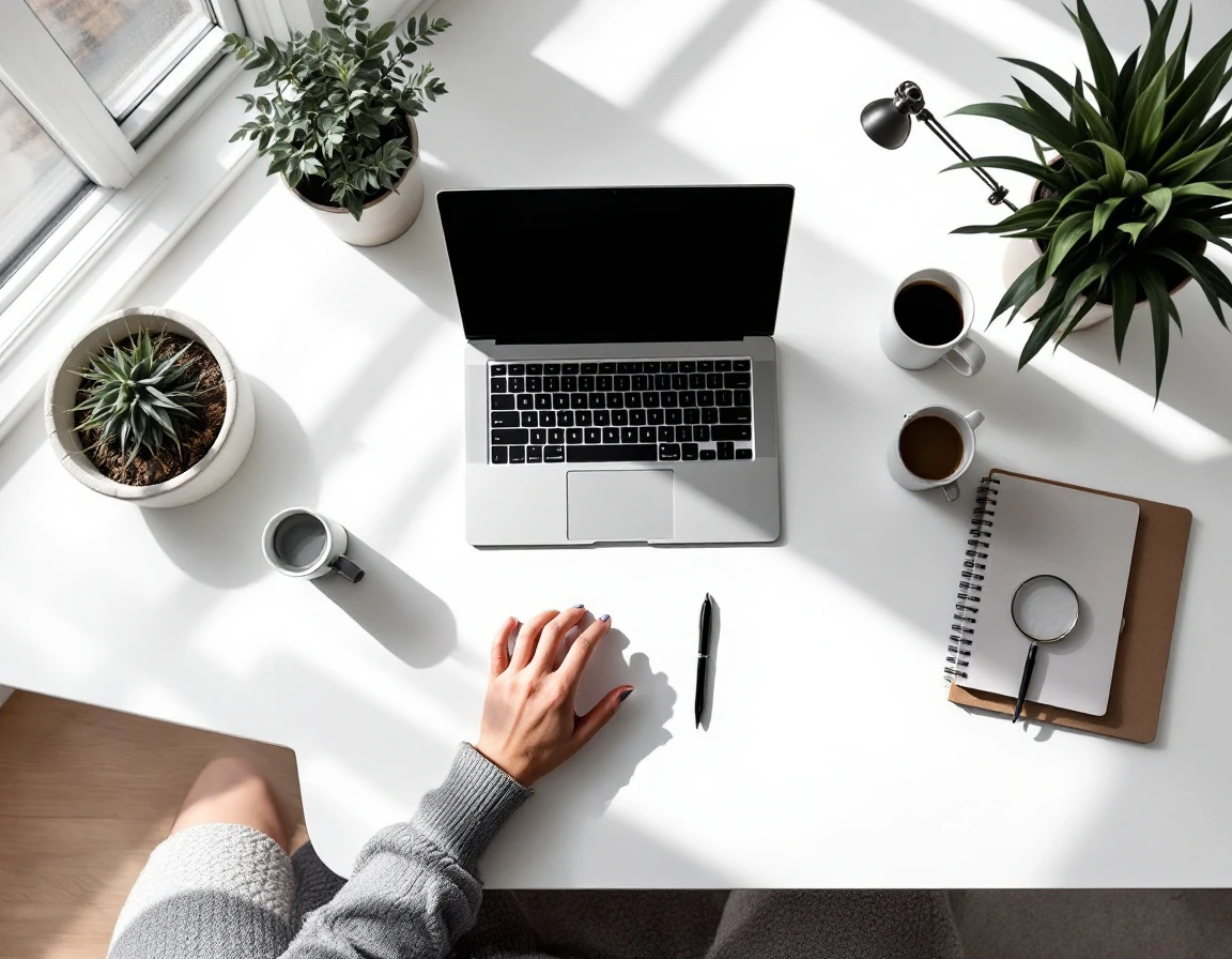 Minimalist workspace with laptop and organized desk setup showing strategic content planning approach