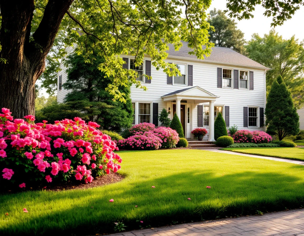 Well-maintained residential property with blooming azaleas and mature shade trees during spring landscaping season