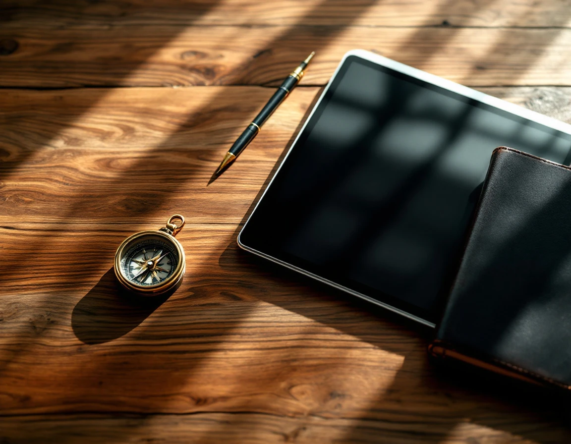 Brass compass, tablet, and leather notebook arranged on wooden desk representing decision-making tools