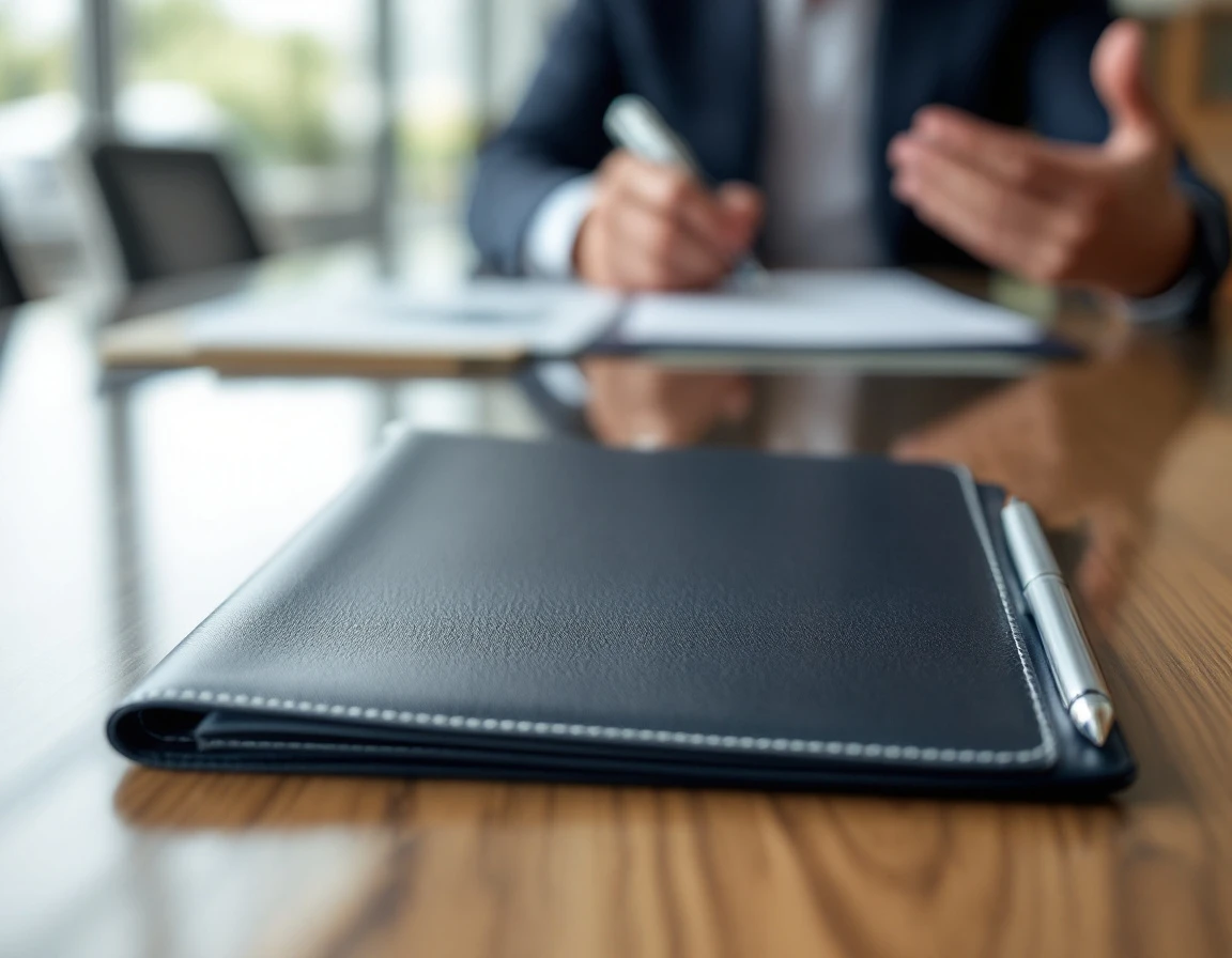 Conference table with pen and portfolio in professional office setting during compliance review discussion