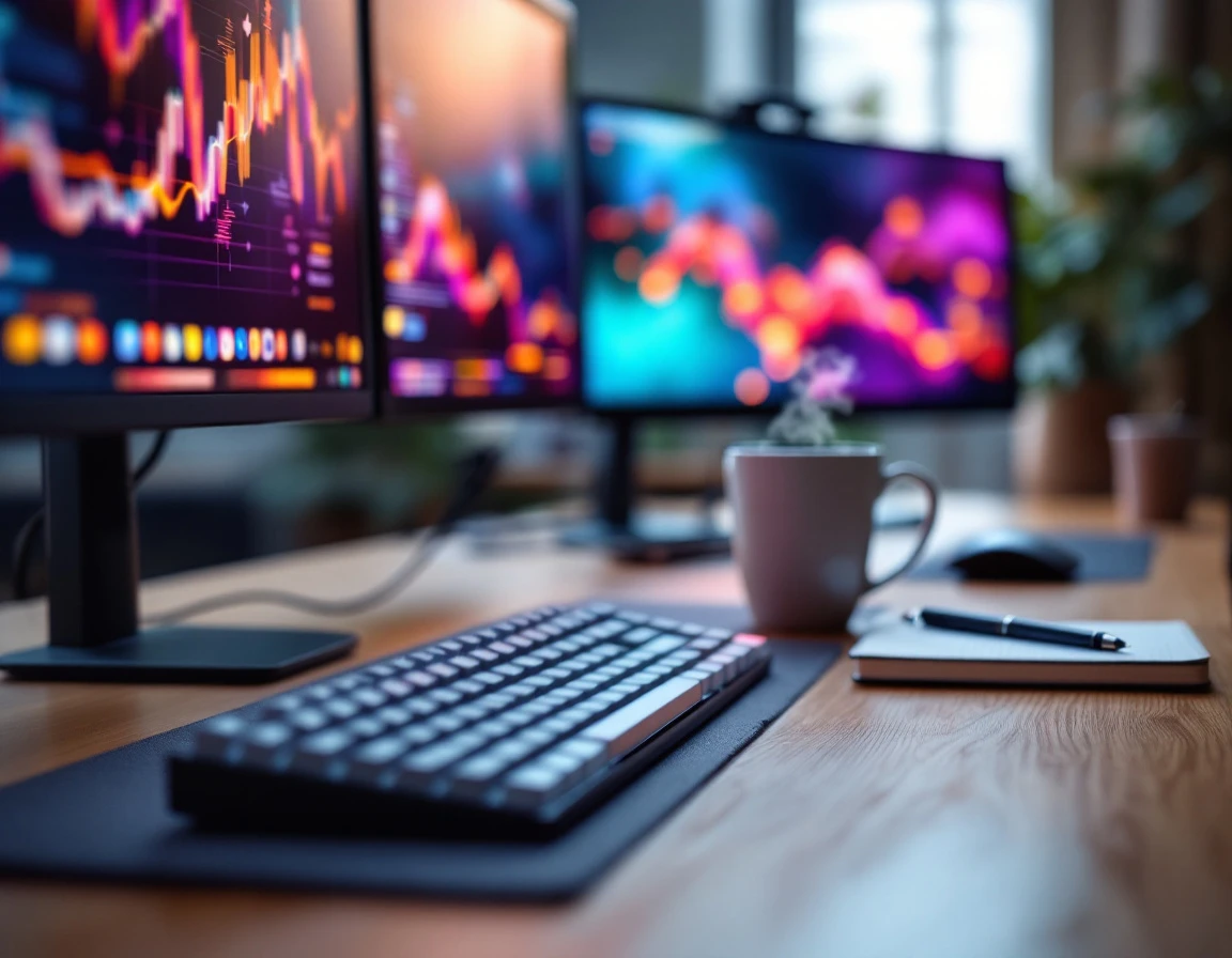 Modern workspace desk with keyboard and monitors displaying blurred data visualizations in natural office lighting