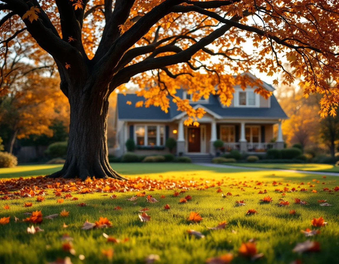 Autumn residential lawn with mature oak tree and naturally scattered fallen leaves on varied-height grass