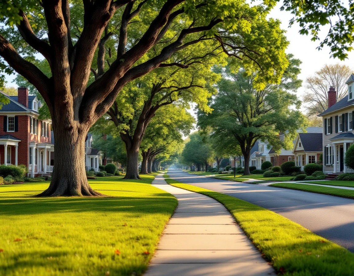 Tree-lined residential street with varied architectural styles in an established suburban neighborhood