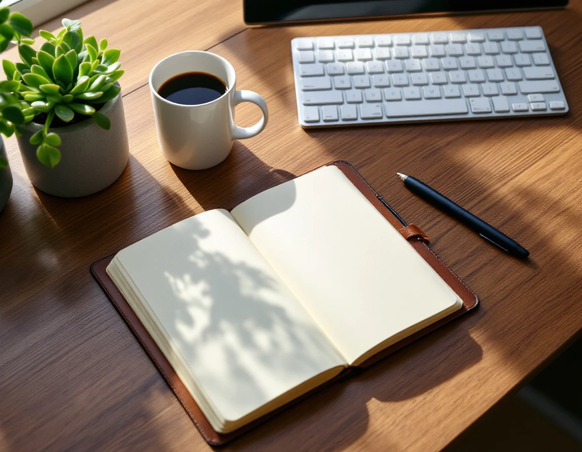 Clean workspace with blank notebook, coffee, and succulent plant on wooden desk