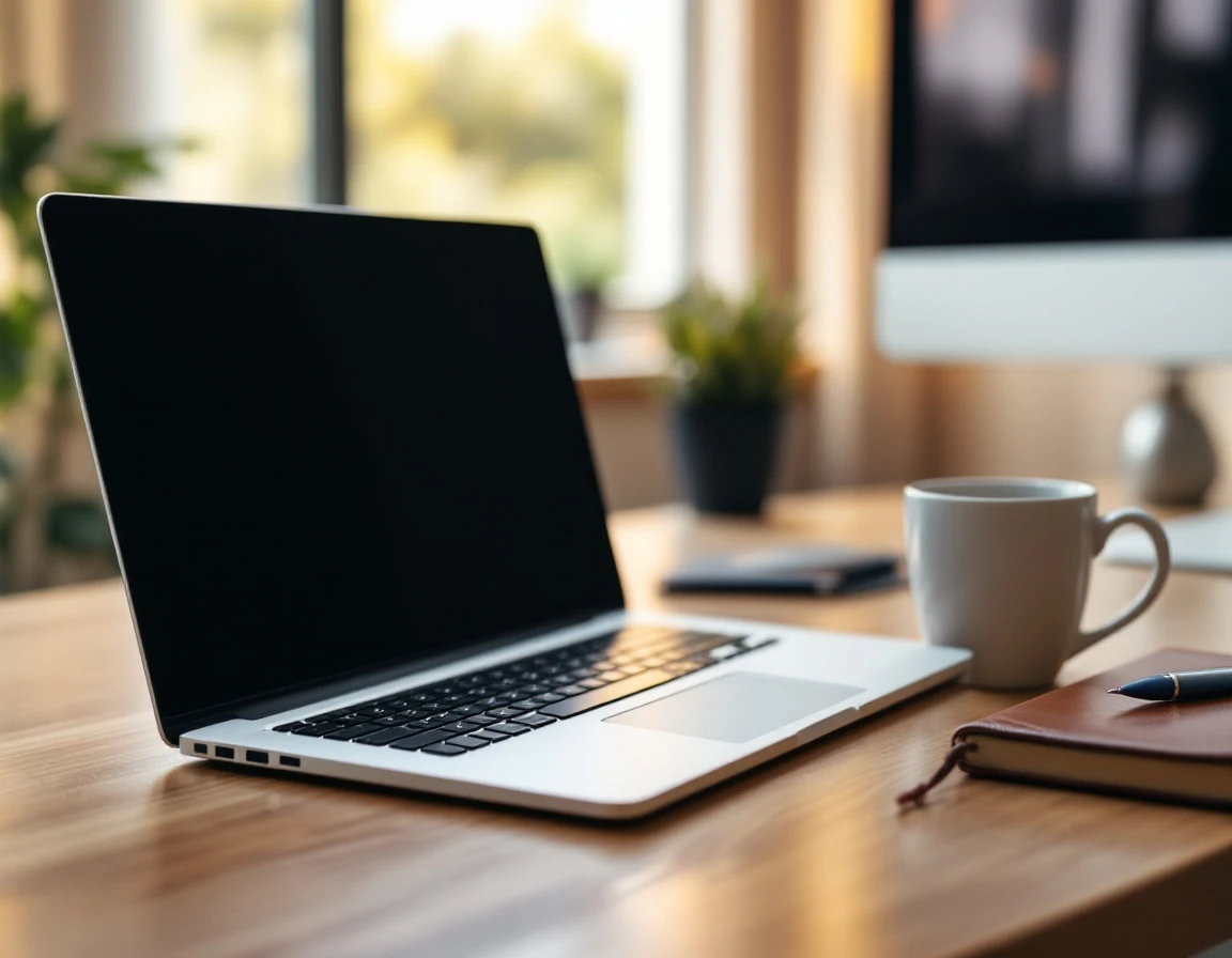 Professional workspace with laptop and coffee mug in natural morning light for SEO analysis work