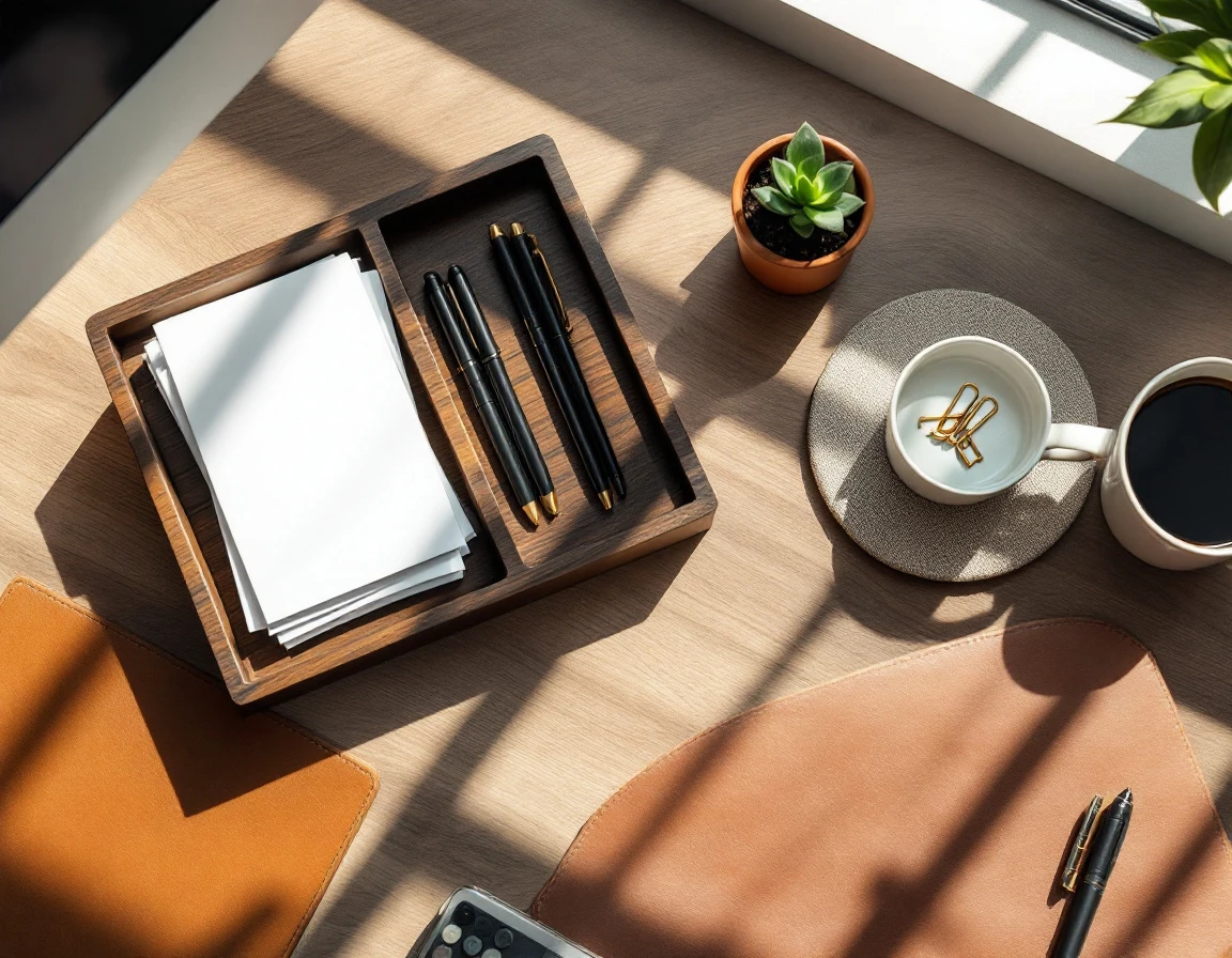 Overhead view of organized desk workspace with wooden organizer, coffee cup, and office supplies