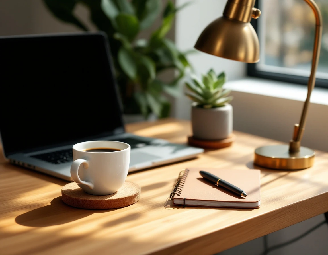 Minimalist desk workspace with closed laptop, coffee, succulent plant, and notebook in natural light