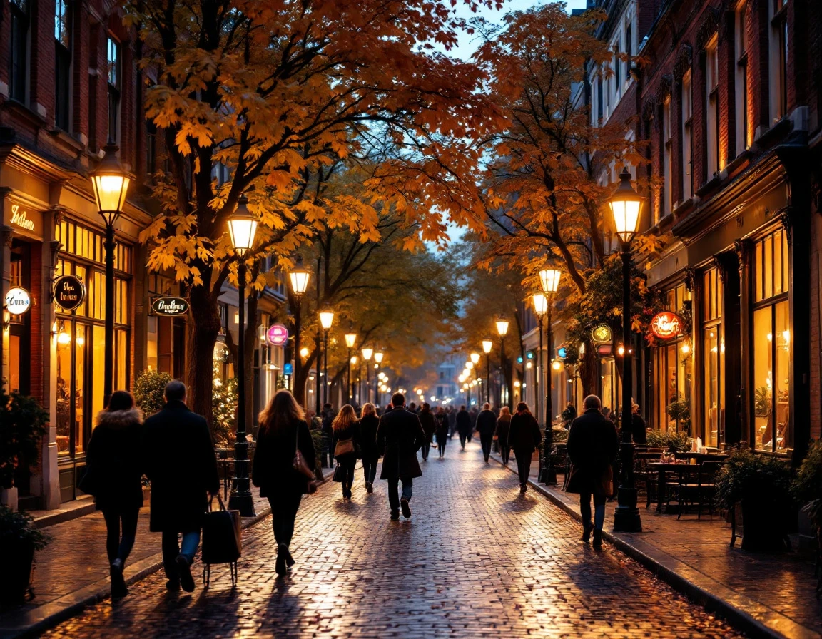 Autumn evening street scene with historic buildings, glowing shop windows, and pedestrians in a walkable district