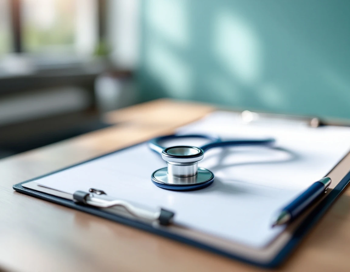 Stethoscope and medical clipboard on veterinary clinic desk with natural lighting