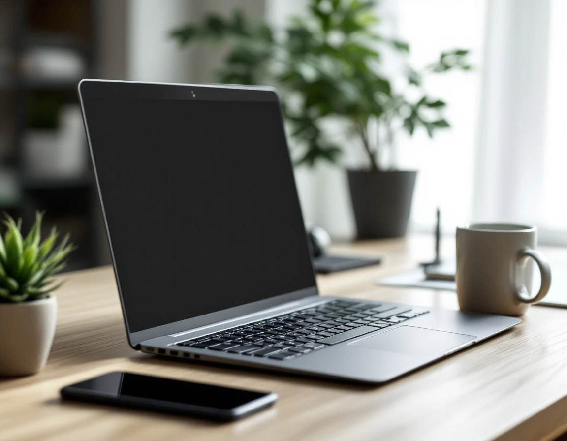 Modern business workspace with closed laptop and minimalist desk setup in natural lighting
