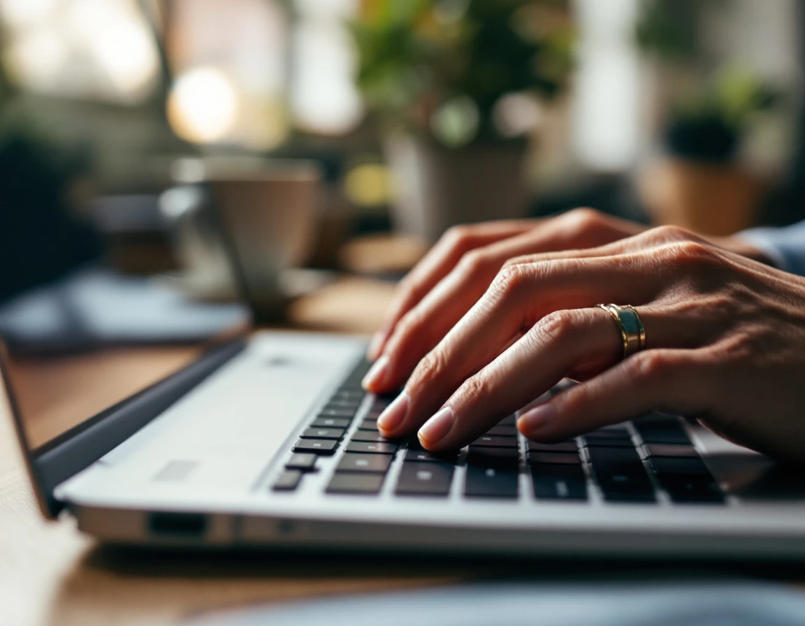 Hands typing on laptop keyboard with natural lighting and blurred desk accessories in background