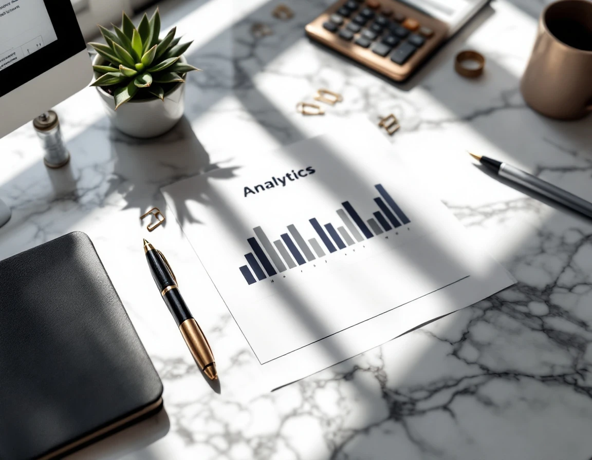 Business analytics materials and notebook arranged on marble desk with natural window lighting