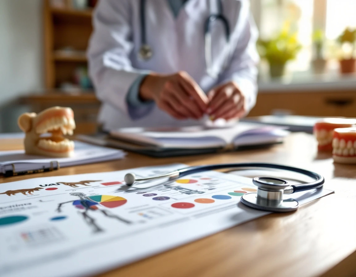 Veterinary clinic workspace with anatomical charts and preventive care educational materials