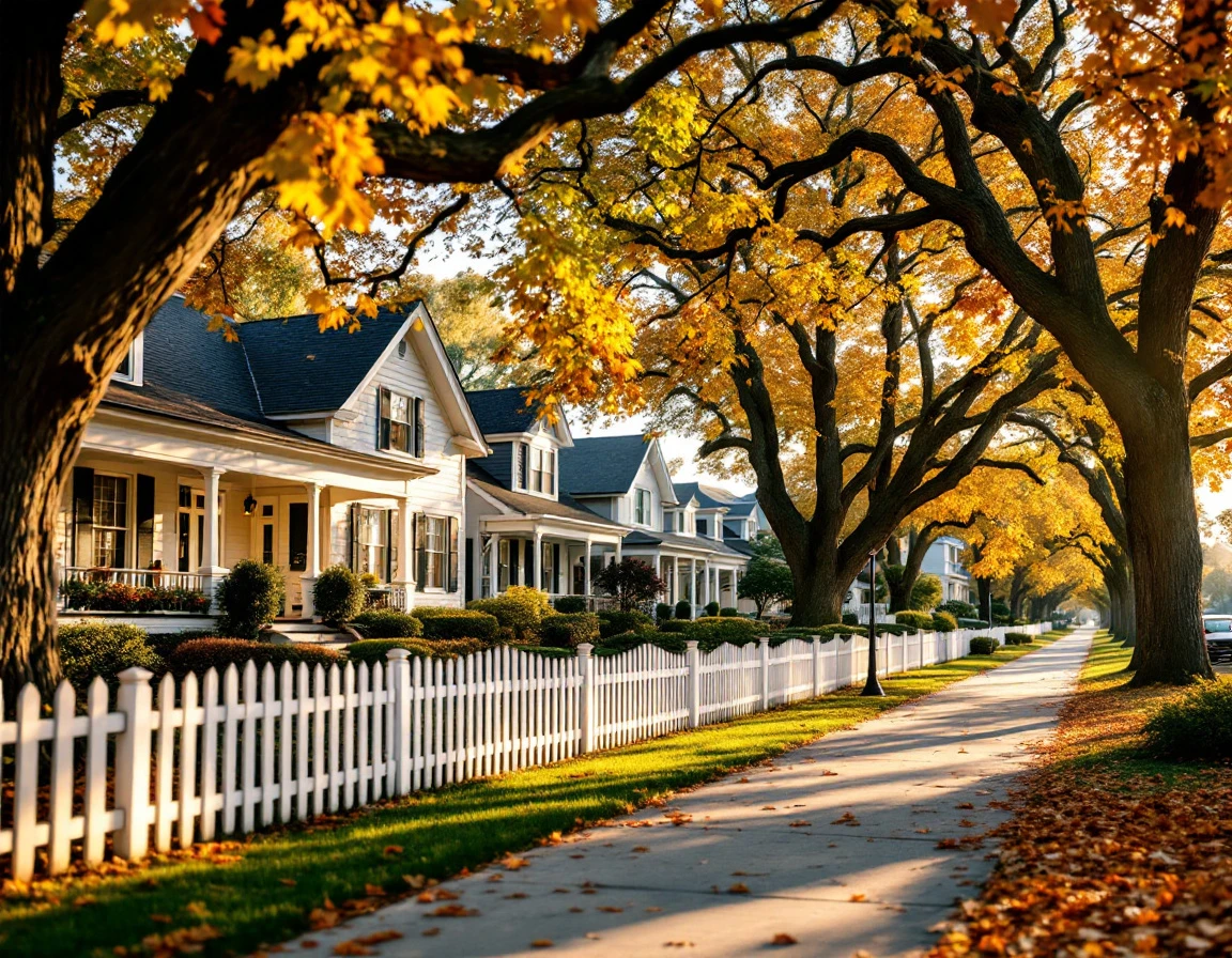 Tree-lined residential street showing neighborhood character and local architectural styles at golden hour