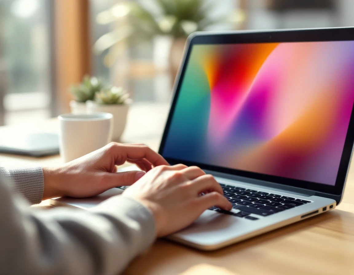 Hands typing on laptop in bright office with coffee cup and plant in background