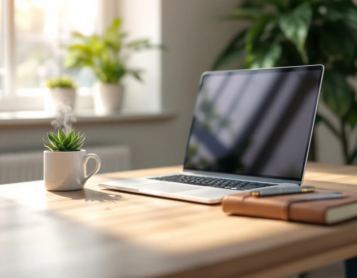 Modern laptop on wooden desk with coffee and notebook in professional office setting with natural light