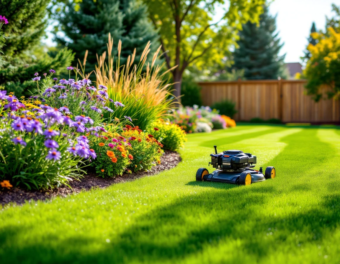 Freshly mowed lawn with summer flowers and professional landscaping equipment in suburban yard