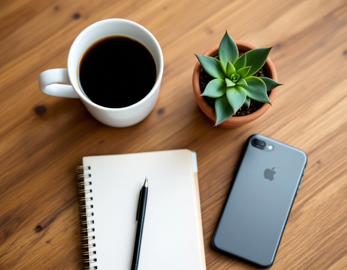 Flatlay of content planning workspace with coffee, notebook, and smartphone on wooden desk