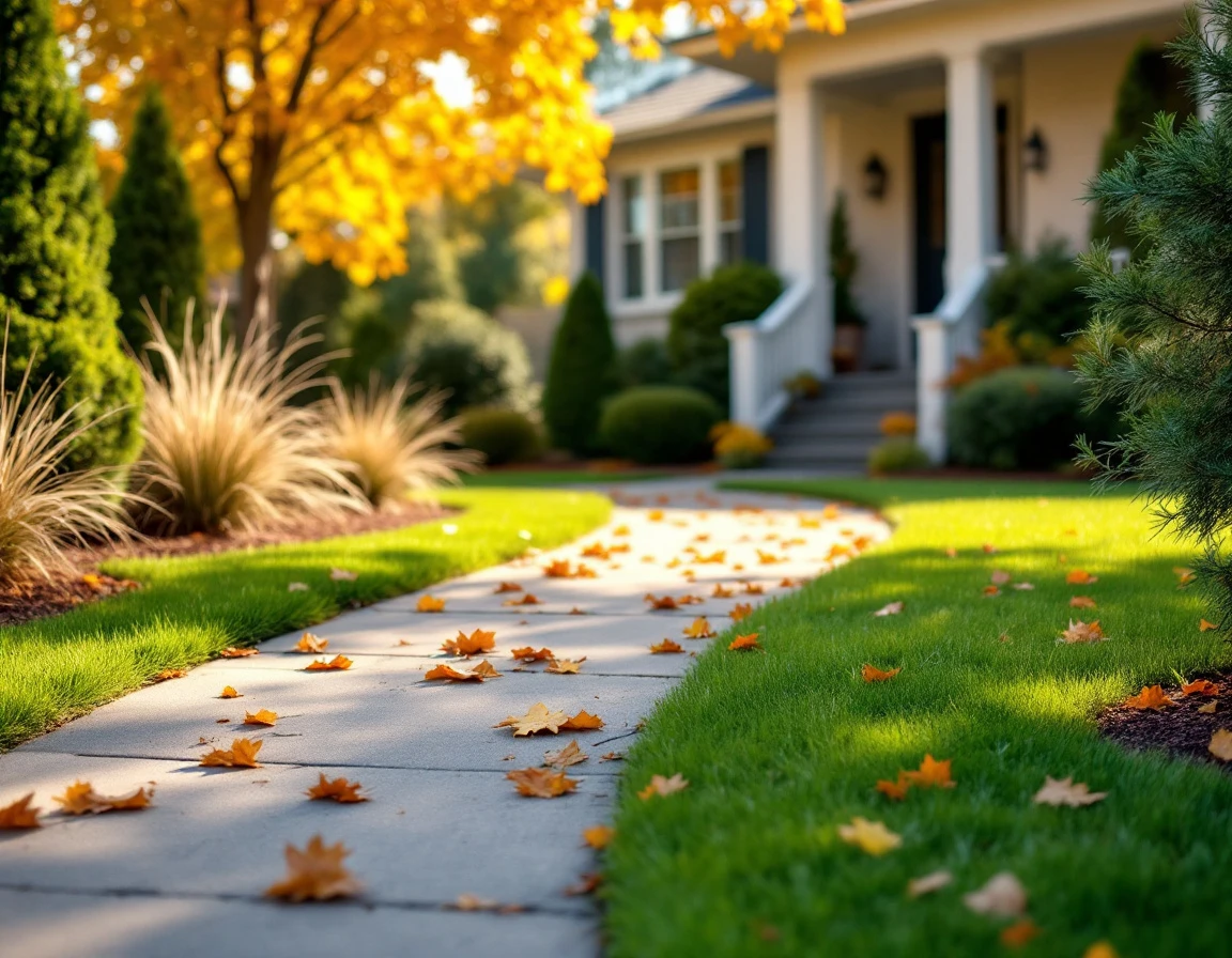 Autumn residential lawn with professional landscaping maintenance including mulched beds and trimmed hedges