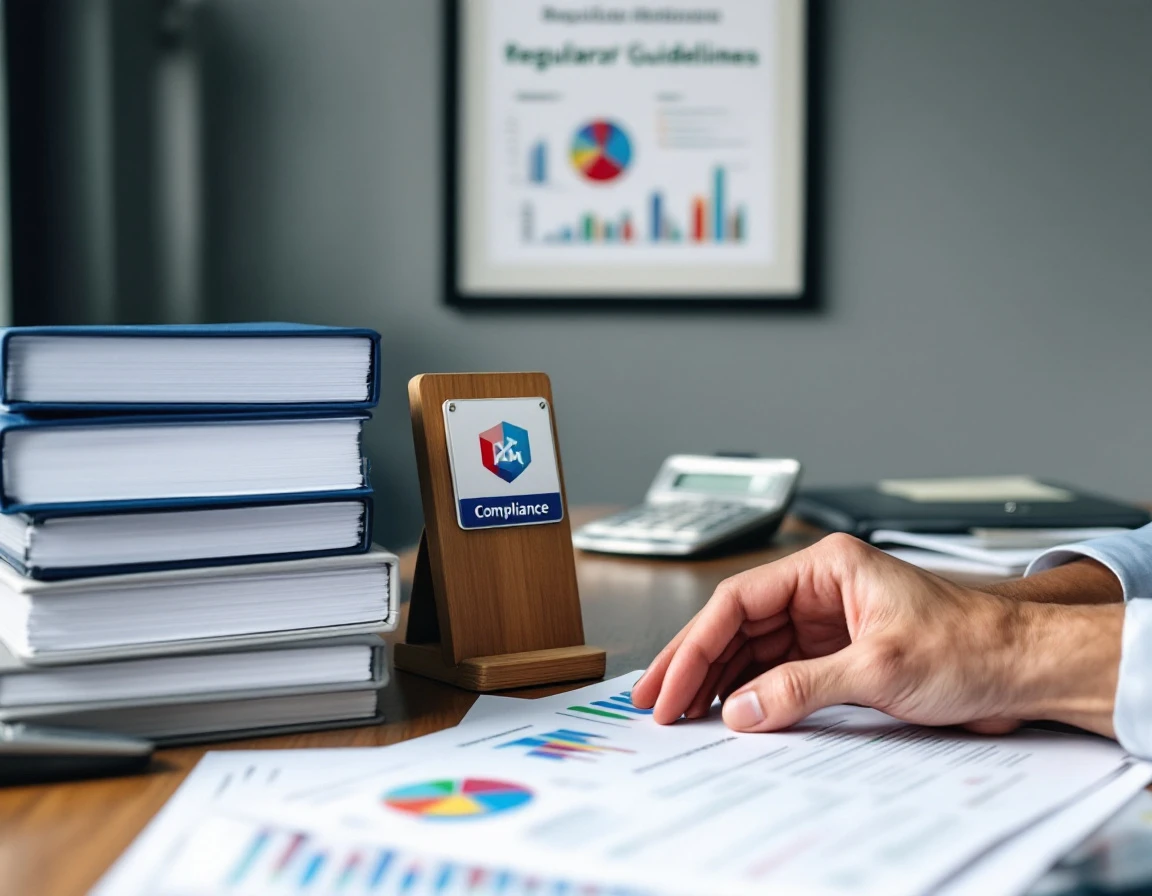 Financial professional's organized desk with compliance materials, calculator, and regulatory charts