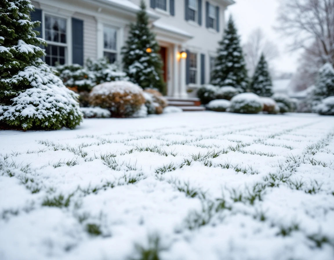 Snow-covered residential lawn showing maintained landscaping and winter-protected shrubs during the off-season