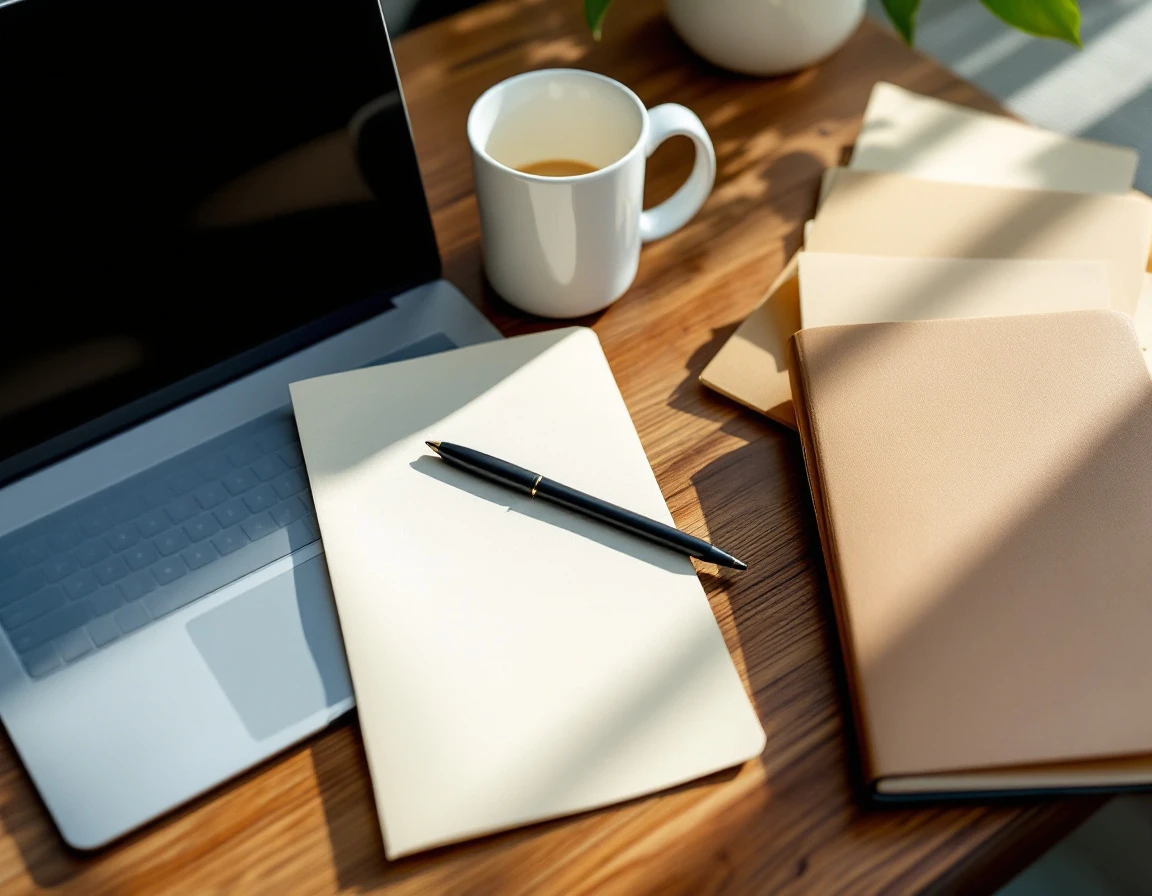 Workspace with laptop, coffee, and strategic planning materials on wooden desk with natural lighting