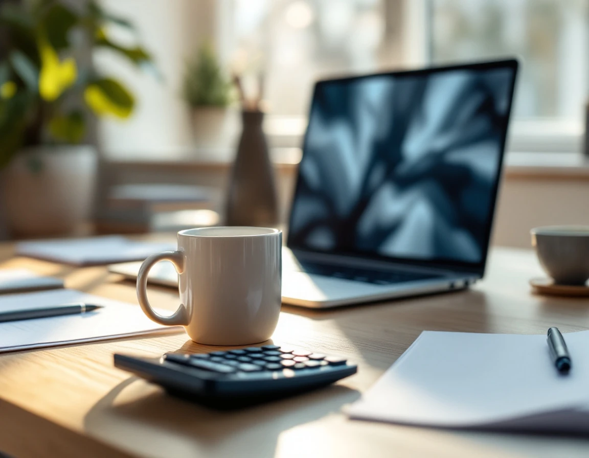 Home office desk with laptop, calculator, and blank documents contrasting automated and manual workflows