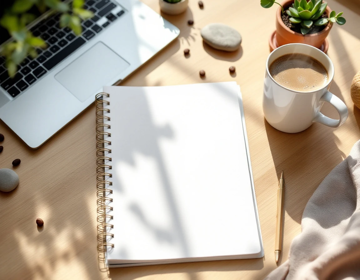 Minimalist desk workspace with blank planner, coffee mug, and succulent plant in warm natural light