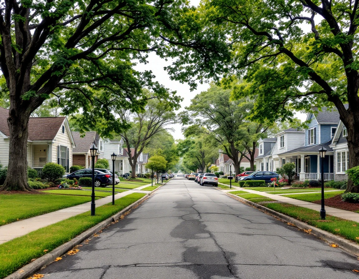 Residential street with diverse homes and mature trees showing authentic neighborhood character