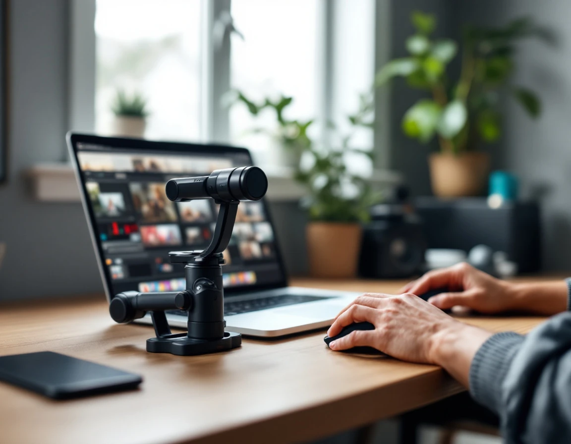 Professional video equipment and laptop on desk during content review workflow