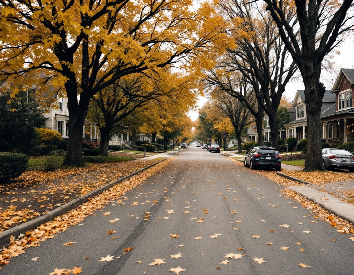 Quiet autumn residential street with scattered leaves and mature trees in varying fall colors