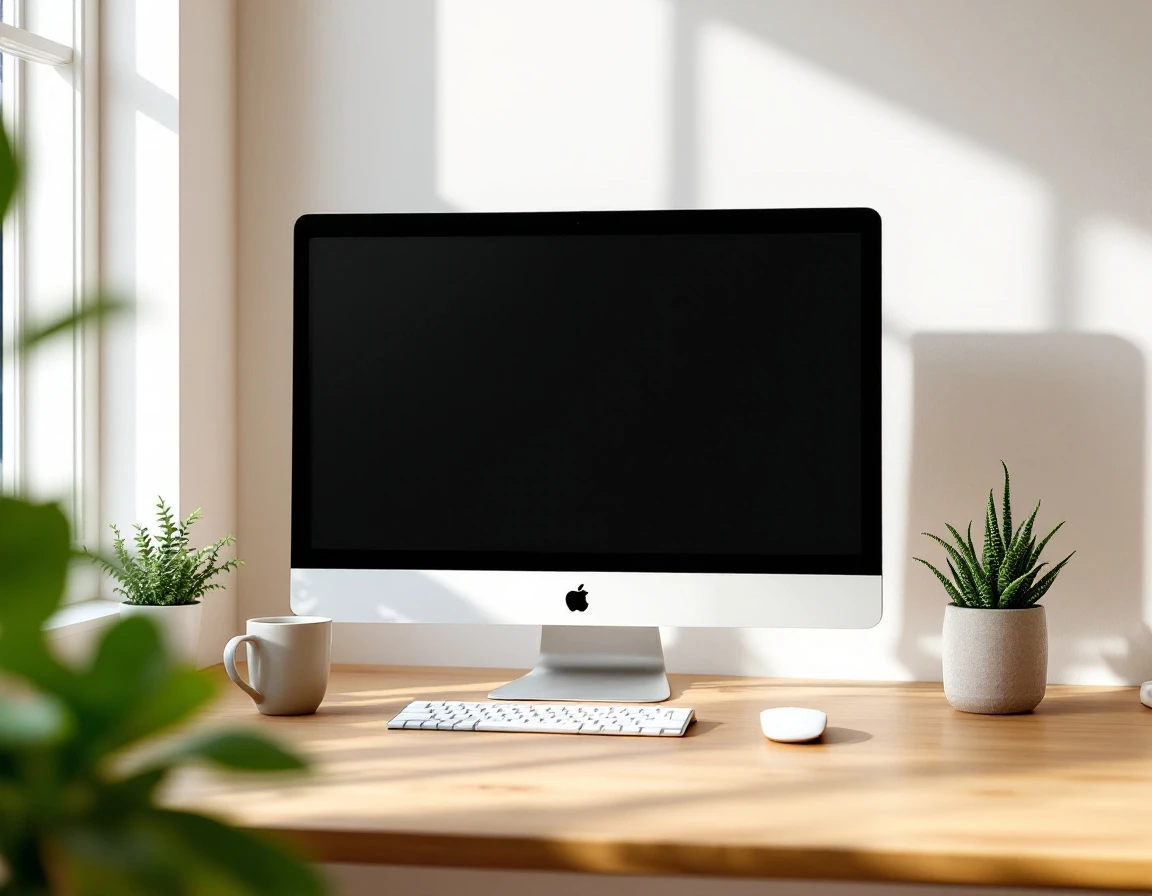 Modern workspace with blank computer monitor and natural window lighting on wooden desk