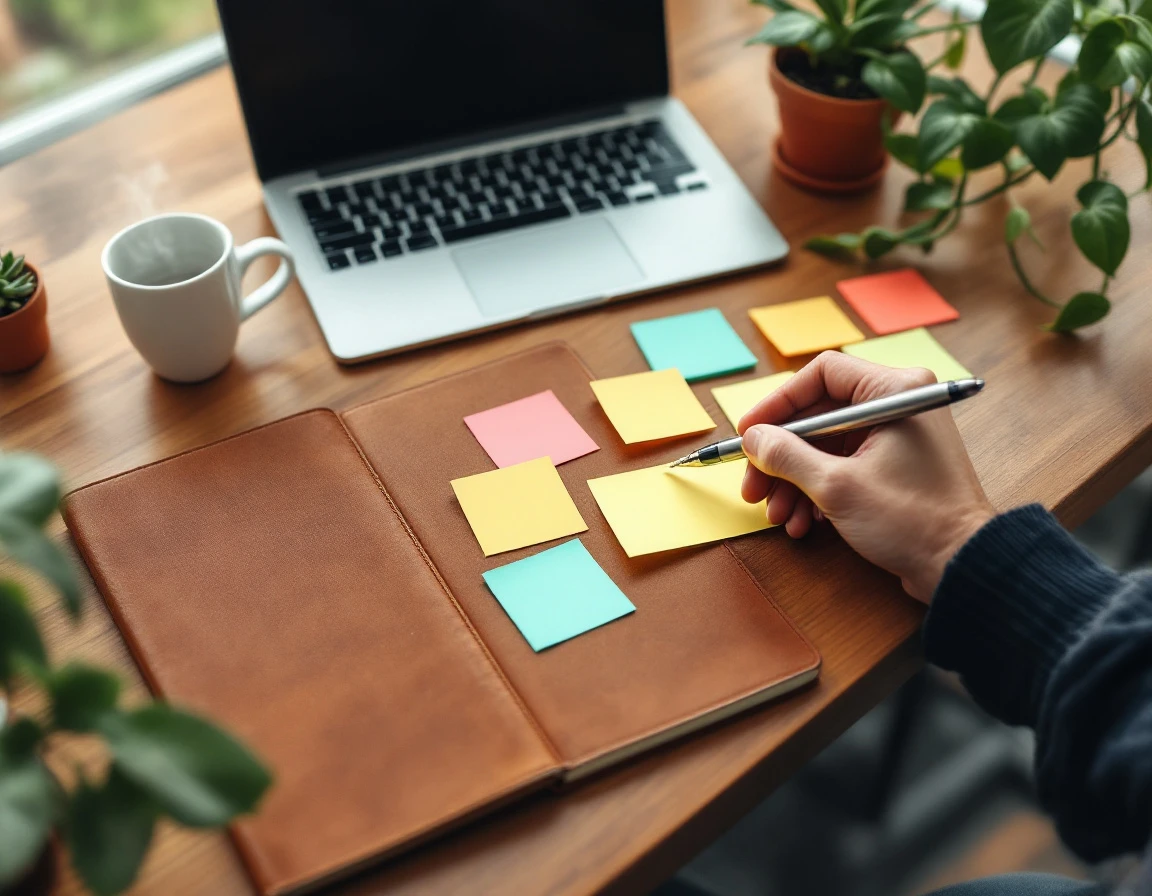 Content strategist workspace with laptop, notebook, colorful sticky notes, and coffee on wooden desk