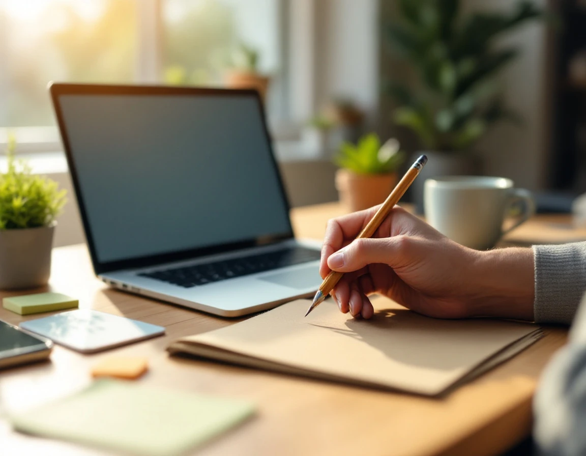 Close-up of workspace desk with laptop, phone, notepad and hand holding pencil in natural daylight