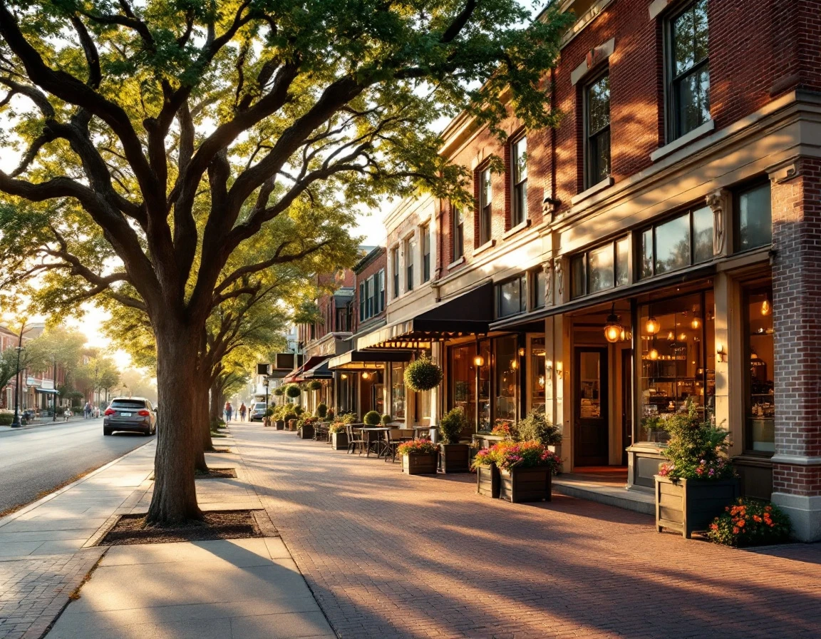 Tree-lined neighborhood street with brick storefronts, sidewalk cafes, and pedestrians in warm golden hour light