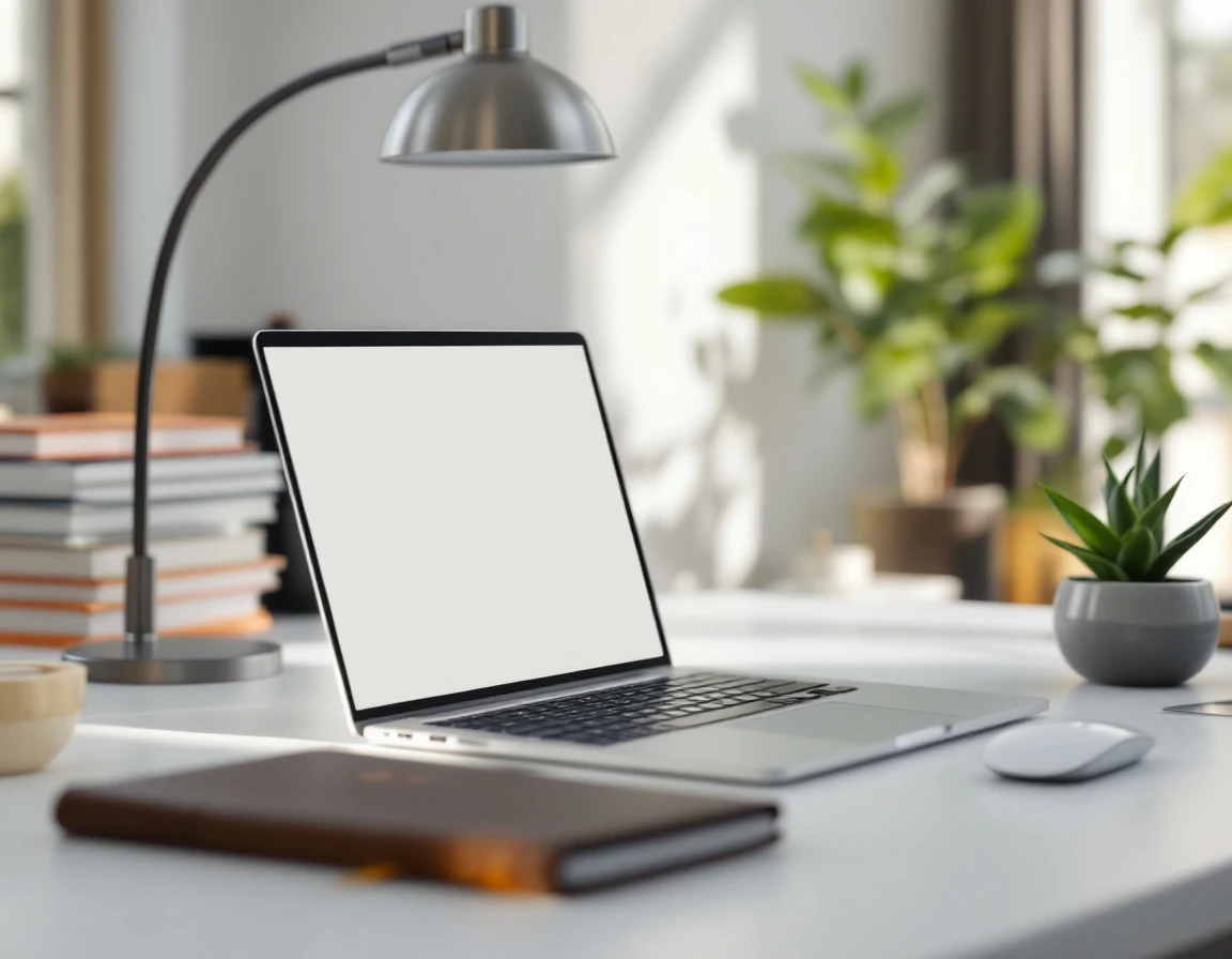 Clean minimalist desk workspace with laptop, leather notebook, succulent plant, and natural window lighting