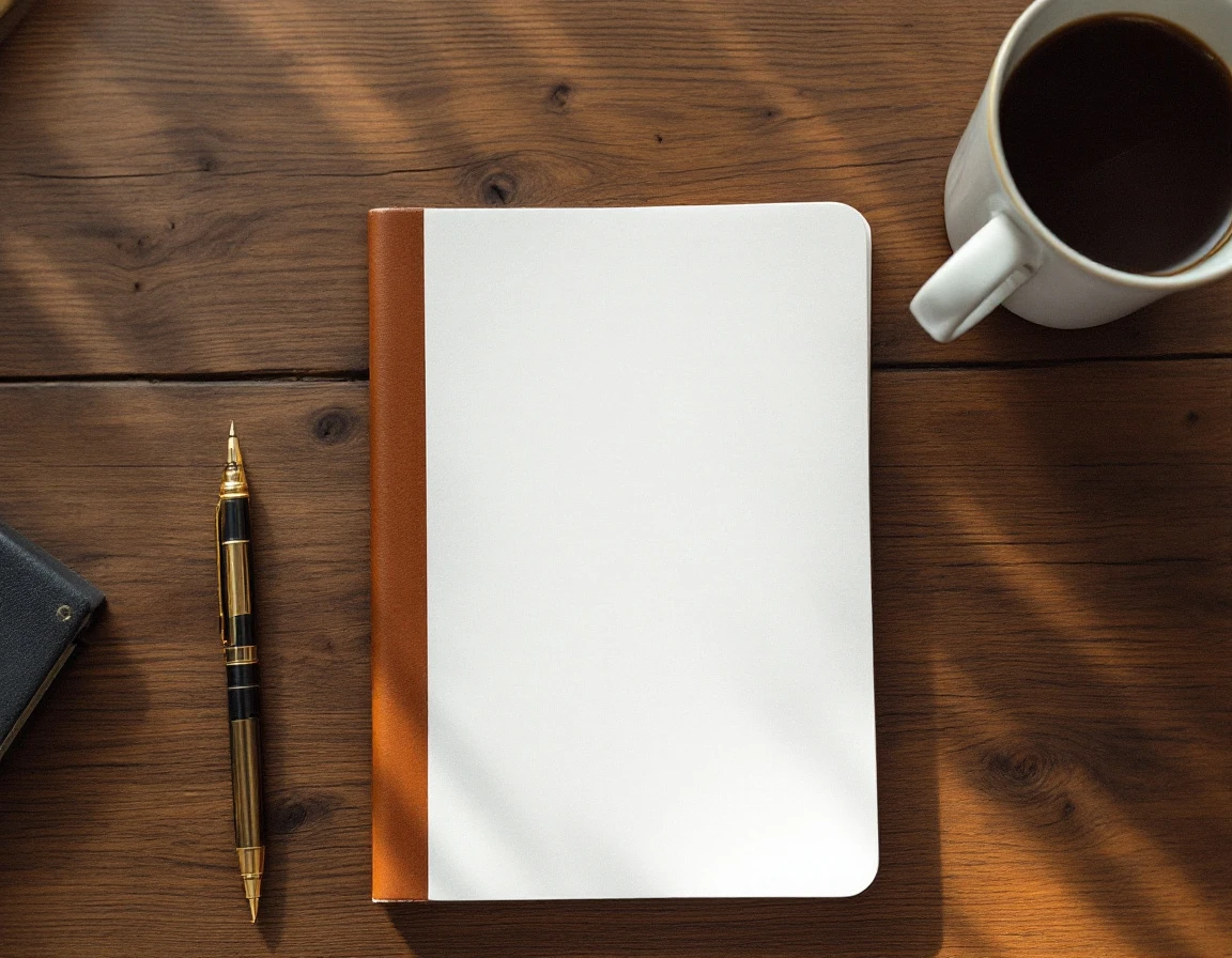 Blank notepad and vintage pencil on weathered oak desk with natural window lighting