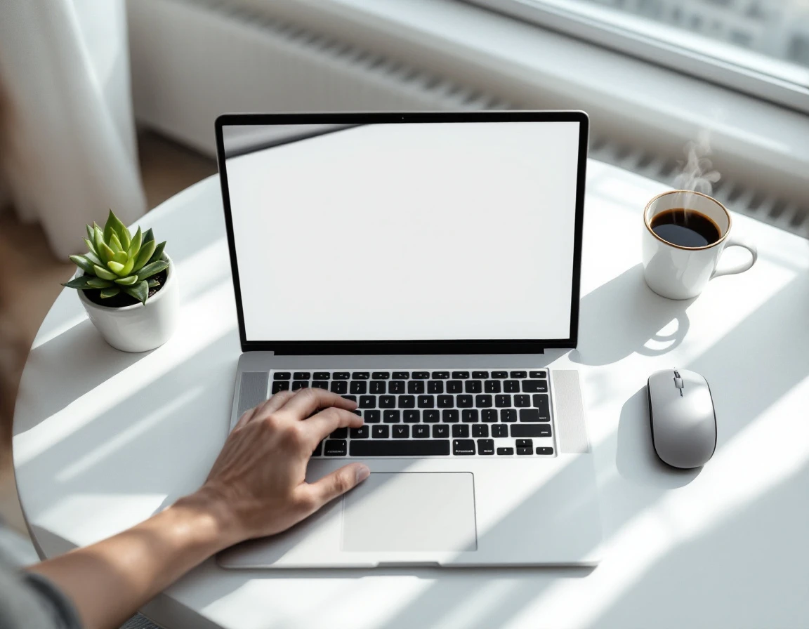 Clean workspace with laptop, coffee, and plant showing content creator's publishing environment
