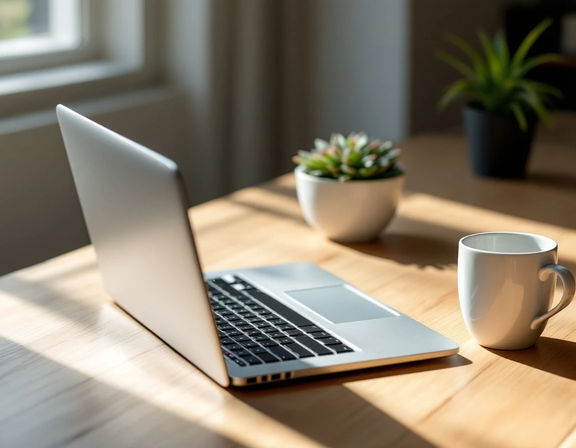 Modern workspace desk with laptop, coffee, and plant in natural window light showing authentic material textures