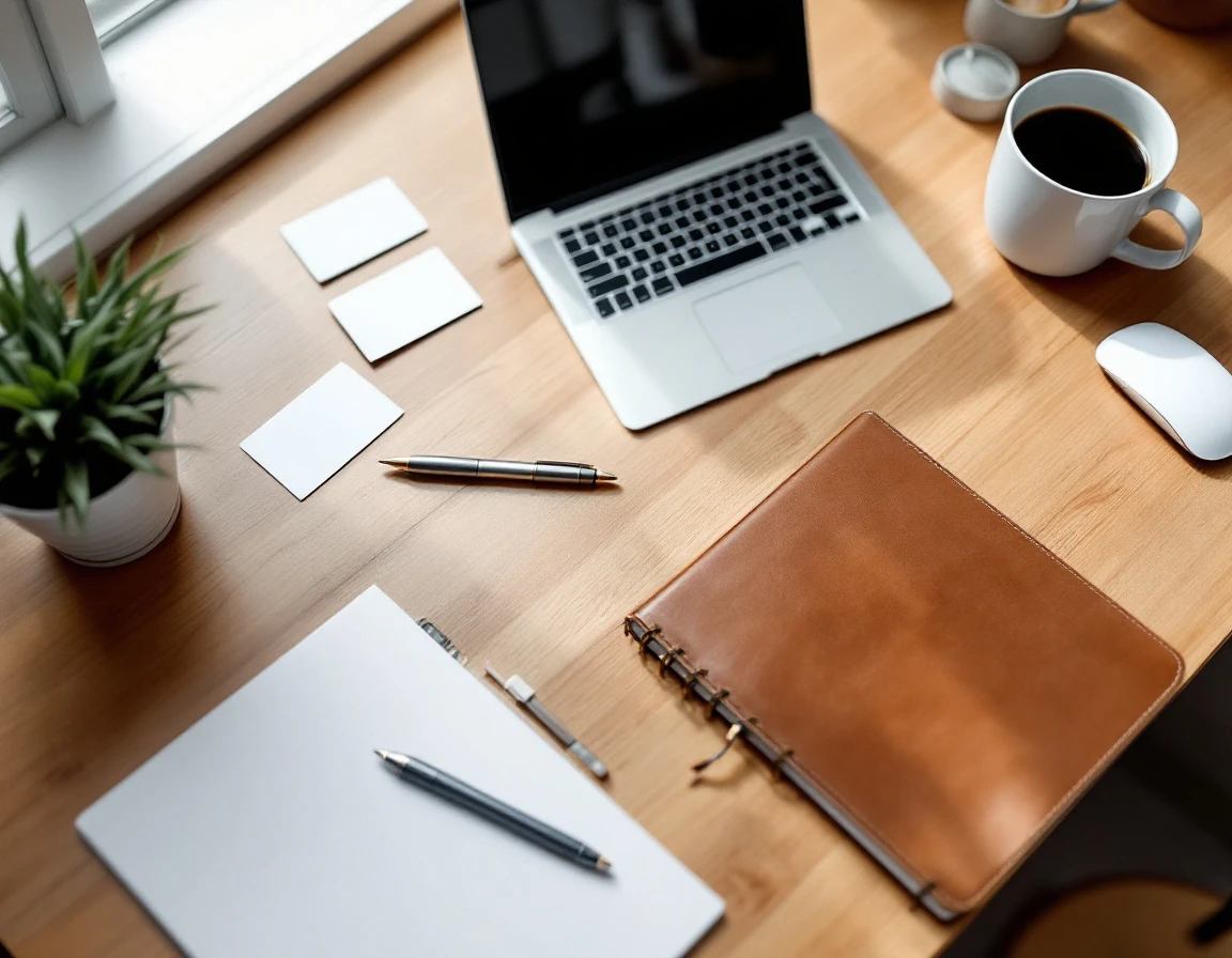 Clean workspace with laptop, notebook, and office supplies arranged on wooden desk with natural lighting