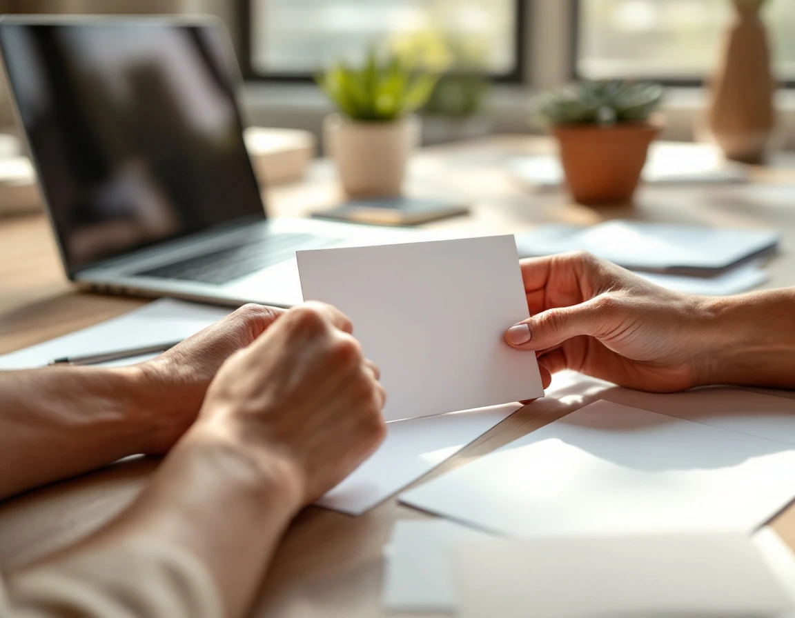Hands organizing blank notecards and papers on wooden desk with natural window light