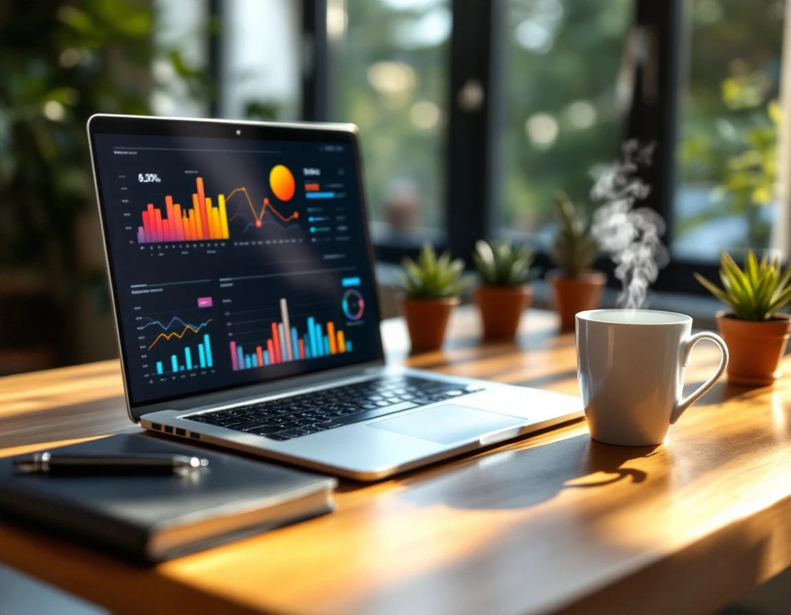 Home office desk with laptop displaying graph visualizations, notebook, coffee cup, and plants