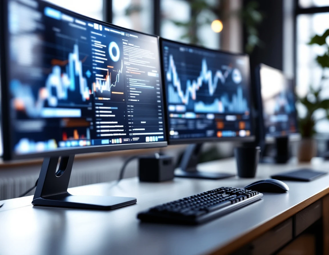 Professional SEO analytics workspace with multiple monitors displaying blurred data visualizations