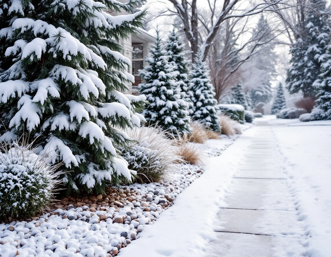 Snow-covered residential landscape with maintained evergreens and cleared walkways in winter