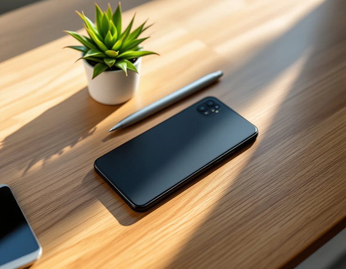 Clean wooden desk workspace with succulent plant, pen, and face-down smartphone for content analytics work