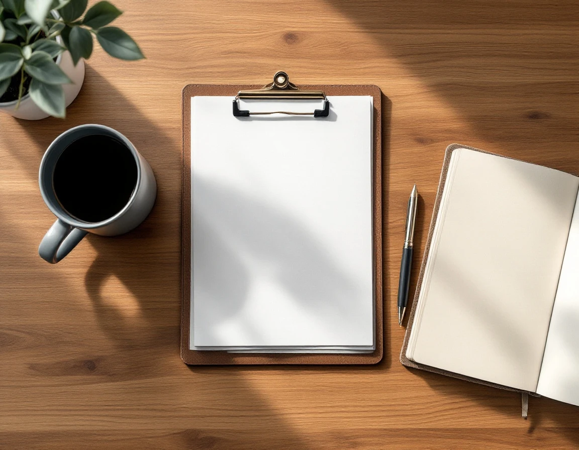 Overhead view of clean workspace with blank planning materials and coffee on wooden desk