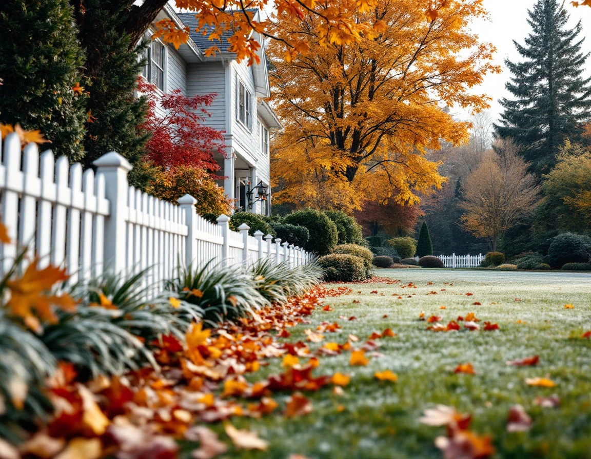 Residential landscape showing transition from fall to winter with frost-touched borders and autumn foliage