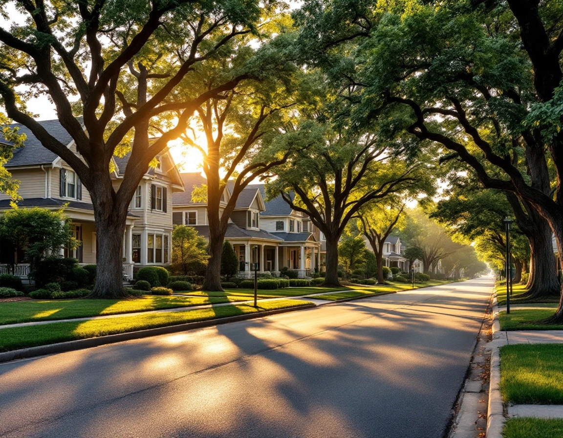 Tree-lined residential street with craftsman homes during golden hour lighting